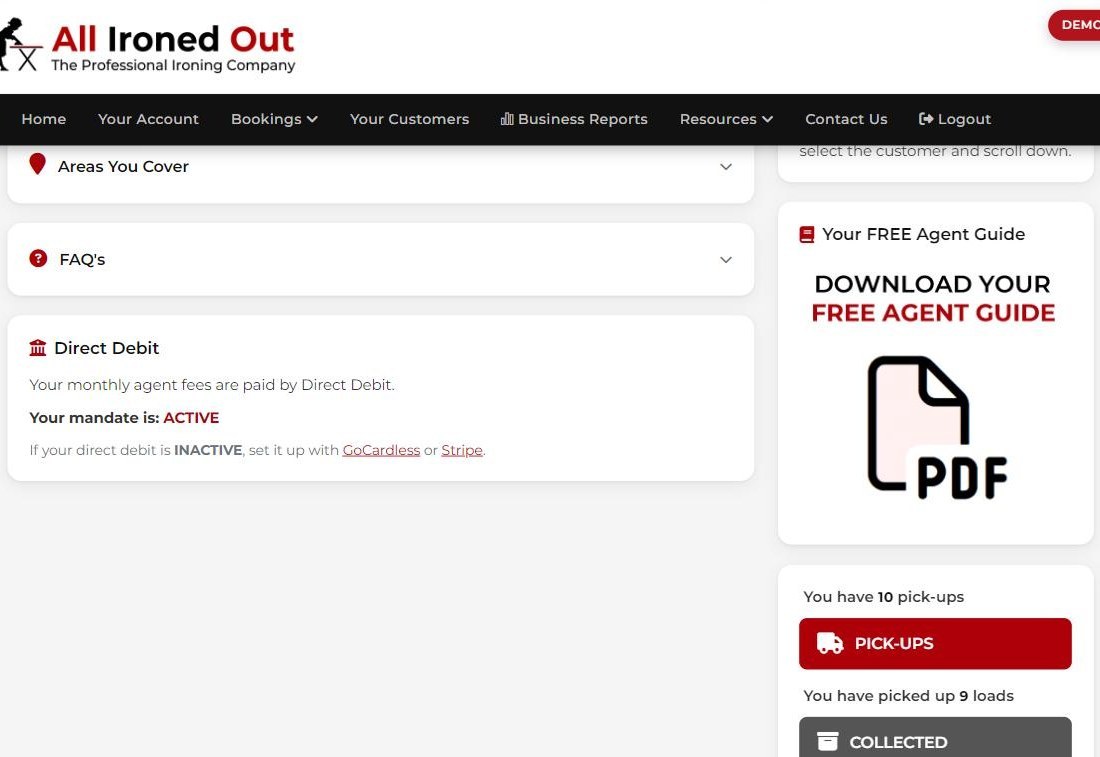Bottom of dashboard showing Areas, FAQs, Direct Debit and Agent Guide