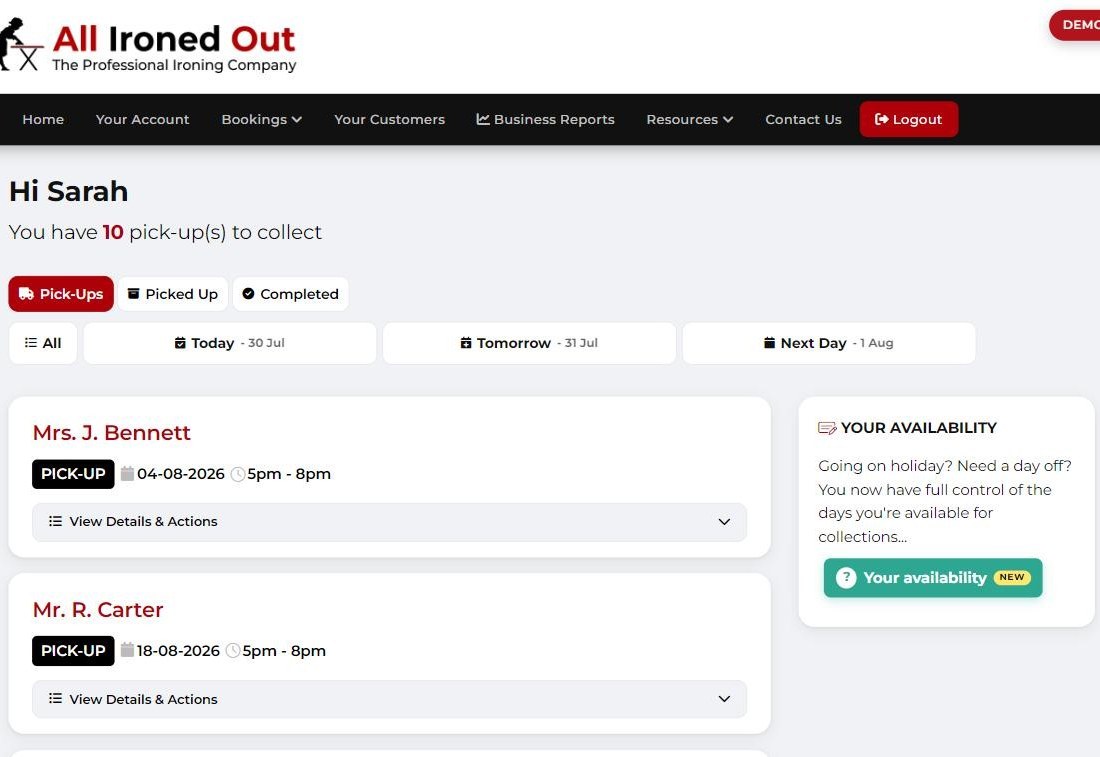 Pick-ups list view showing booking cards for each customer