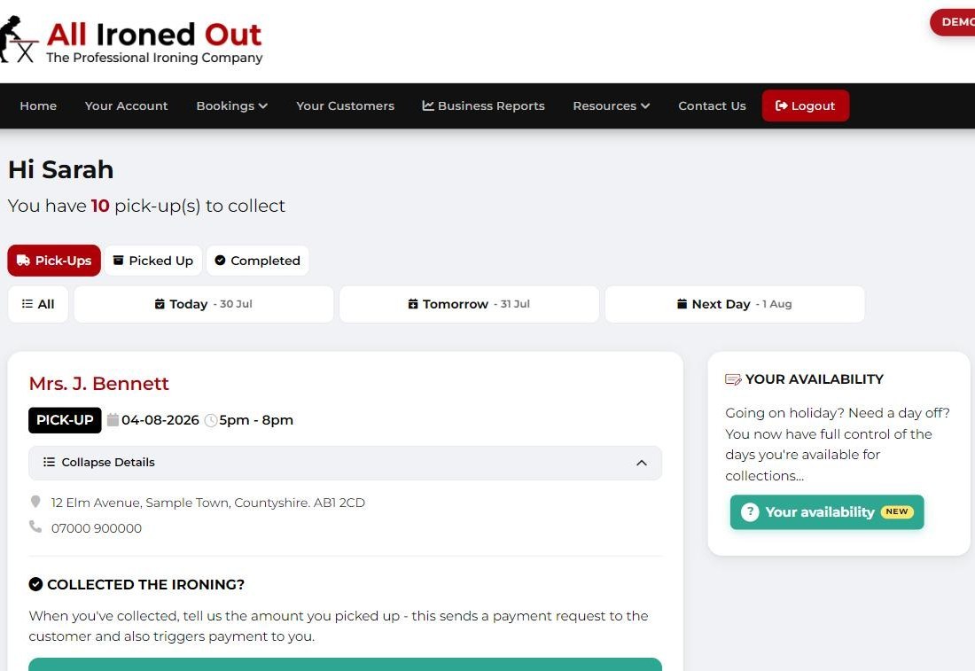 Expanded booking card showing address and phone