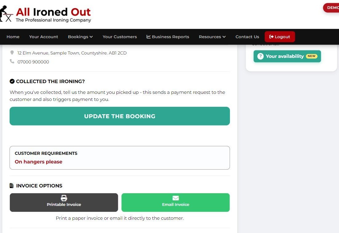 Booking card showing UPDATE THE BOOKING and INVOICE OPTIONS