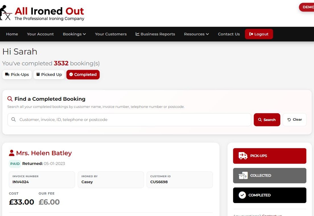 Completed bookings page with search bar and paid booking card